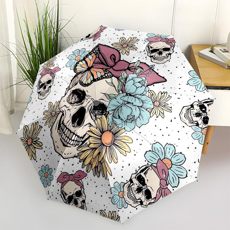 

1pc Skull Flowers Butterfly Mandala Artwork Umbrella with Plastic Handle,Vibrant Cartoon Pattern,Multi-functional UmbrellaB2010
