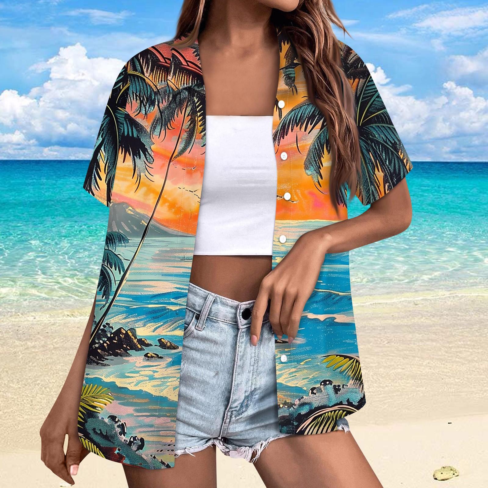 

Женская модная повседневная рубашка с короткими рукавами и лацканами с гавайским деревом, топы S оранжевый