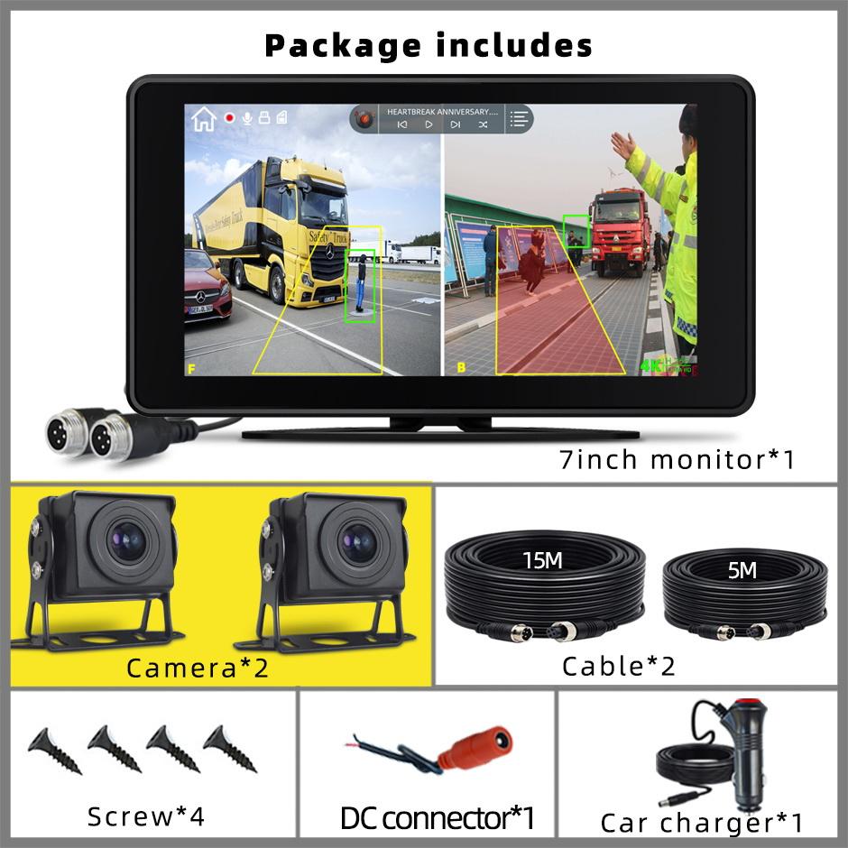 BSD 7" Monitor 2 Channel DVR Record Backup Camera Kit Pedestrian Detection Blind Spot Alarm Dash Cam Reversing for Truck Bus RV