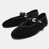 Women's Velvet Mary Janes Flats French Retro Style Ballerina Shoes Floral Rhinestone Strap Loafers Soft Sole Walking Footwear