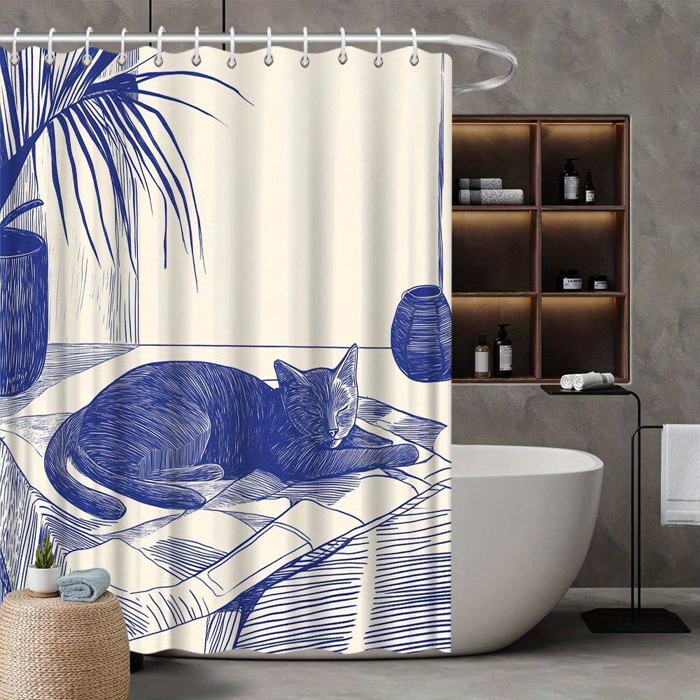 

Cat-Themed Shower Curtain, Monochromatic Blue Line Art of Sleeping Black Cat, Botanical Illustration, Polyester,Bathroom Decor W90xH180cm
