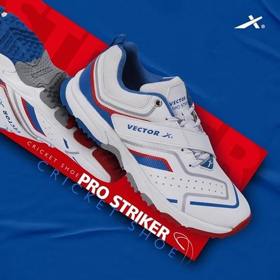 Vector X Striker Pro Cricket Shoe for Men with PU Upper/Sports Shoes/EVA Sockliner Sports Midfoot Support Strap Color: White-Blue-Red Size 8