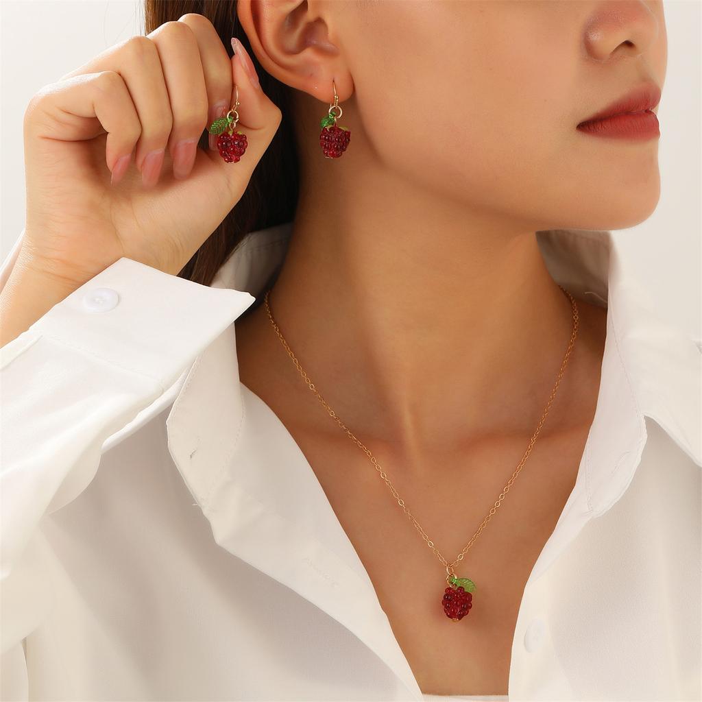 Raspberry Pendant Alloy Jewelry Set Stylish Fruit Shaped Necklace and Earrings for Ladies Unique Daily Wear Accessories