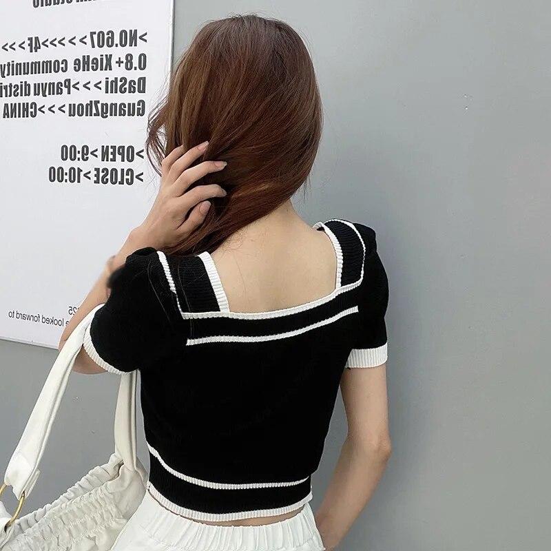 Damen Retro-Strick-Kurzarm-T-Shirt mit quadratischem Ausschnitt und Neckholder-Kurzoberteil