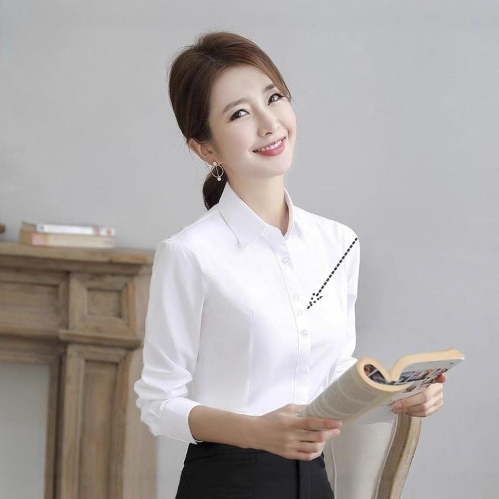 Camisa de Mujer Cuello en V Manga Larga Ajustada Casual Botones Delanteros Oficina Trabajo Blusa Top