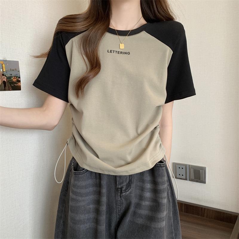Short Sleeve T-Shirt Women s Summer Print Letter Bottom Skinny Casual Front Shoulder Contrast Drawstring Top Trendy Contrast Raglan-sleeve T-shirt M зелёный