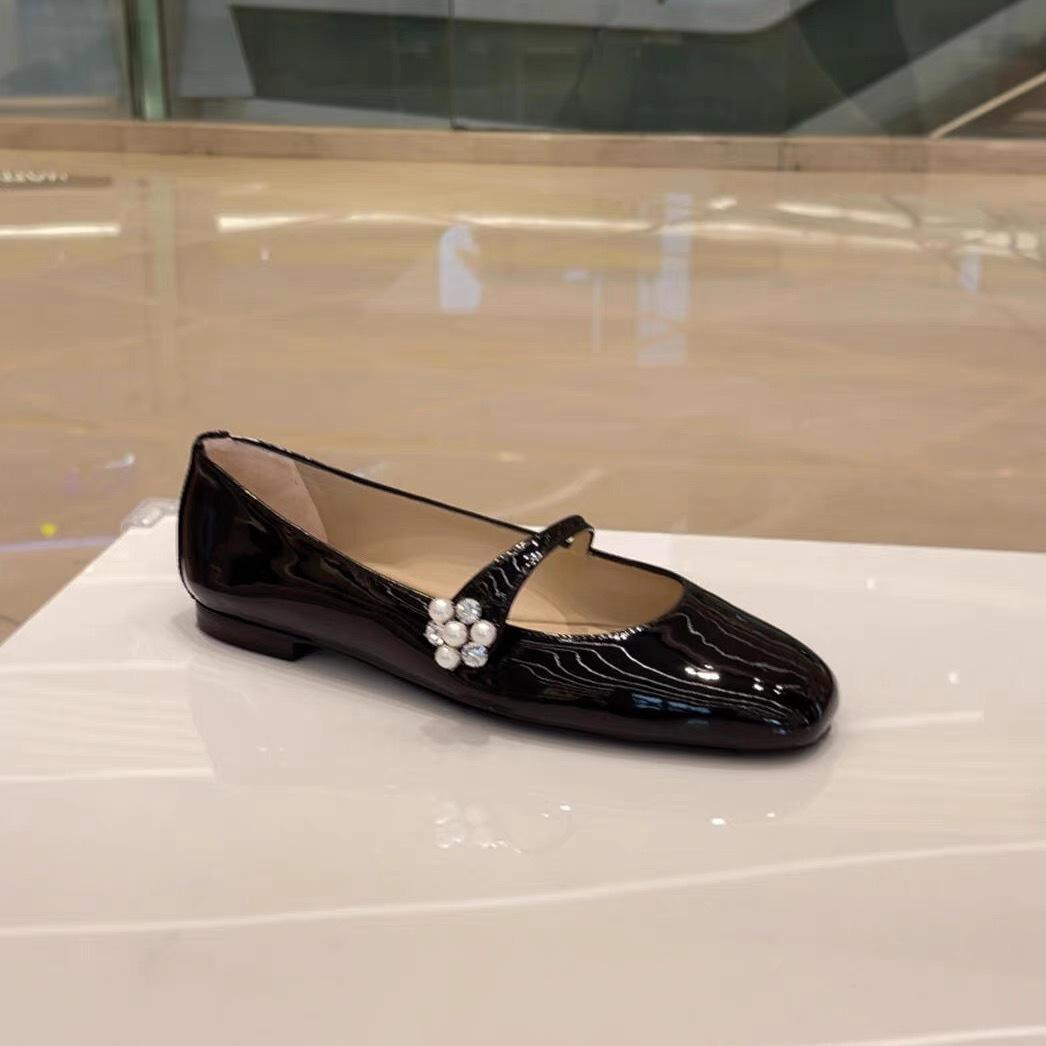 

French leather rhinestone one-button Mary Jane shoes women s ballet flats pearl single shoes ladyshoes 40 чёрный