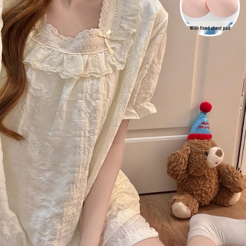 2026 Summer Women's Cotton Pajama Set with Built-in Bra, Lace Trim & Short Sleeves