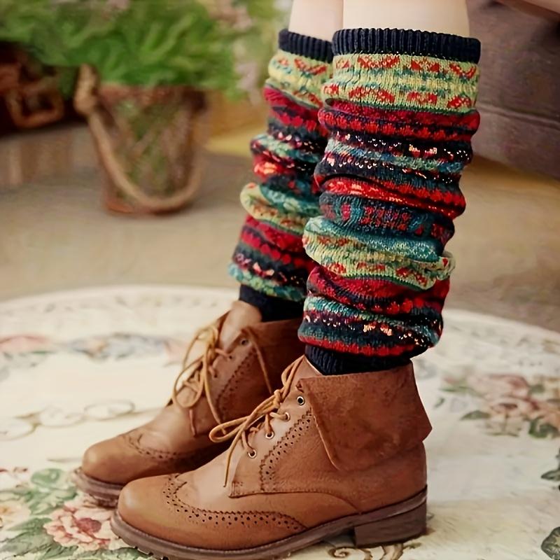 

Женские носки-ботфорты, Акрил 100%, Толстые теплые гетры, Вышивка с племенным узором, Вязаное полотно, Машинная стирка One Size