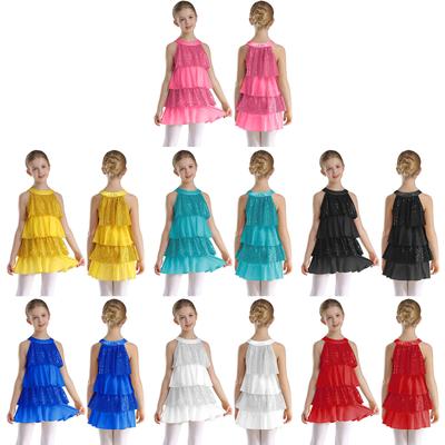 Robe de Danse Fille à Volants Multicouches Patchwork Paillettes Brillantes Coupe A-Line Sans Manches Costume de Spectacle