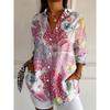 Mode Dames Zomer Revers Knopen Down Shirt 3D Gezicht Print Lange Mouwen Shirt Casual Grote Maat Outdoor Strand Bloemen Shirt