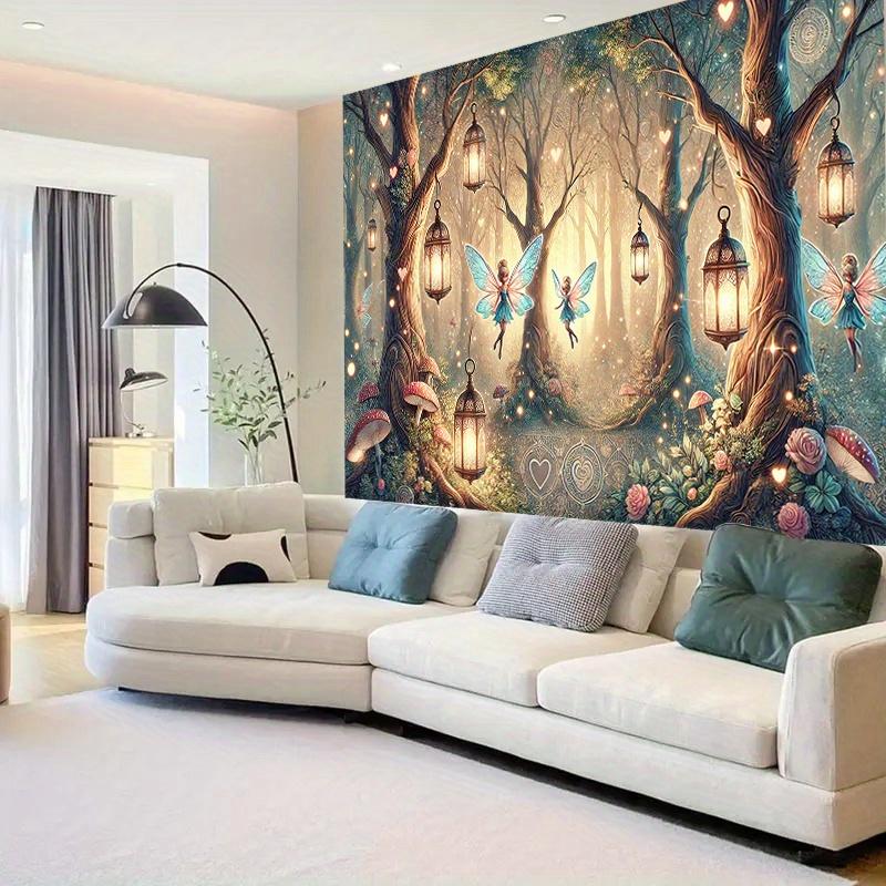 Enchanted Forest Fairy Tapestry With Glowing Lanterns And Mushrooms, Magical Polyester Wall Hanging For Living Room Decor