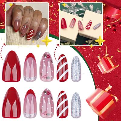 Women's French Red Candy Stripe Christmas Glitter Short Wear Nails(Glue 2ml)