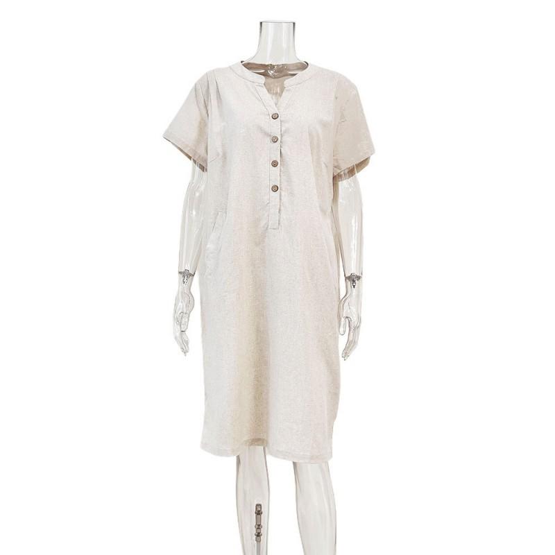 

Women s Clothing Linen Solid Color Buttons V-neck Casual Dress L
