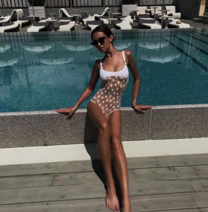 Cross-Border Polka Dot Mesh One-Piece Swimsuit with Back Strap - Bikini19C238