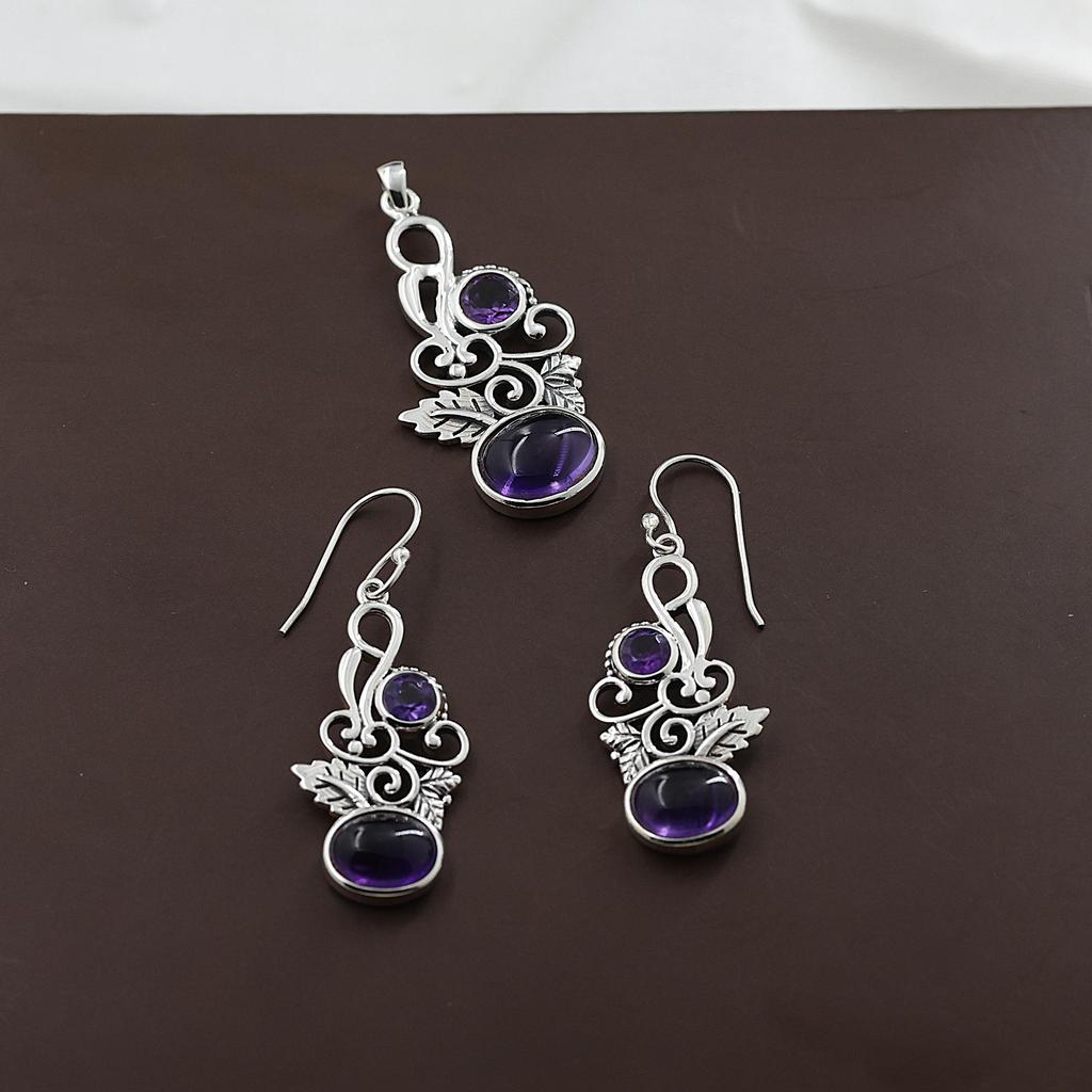Amethyst Silver Pendant Earring Set, 925 Sterling Silver Handmade Jewelry, February Birthstone Jewelry, Dangle Earring An0448-185