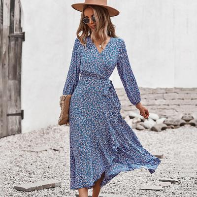 Καλοκαιρινό Φθινοπωρινό Floral Print Μακρύ Φόρεμα Γυναικείο Casual A-line V λαιμόκοψη Ολόσωμο μανίκι ψηλή μέση επίδεσμος S-XL