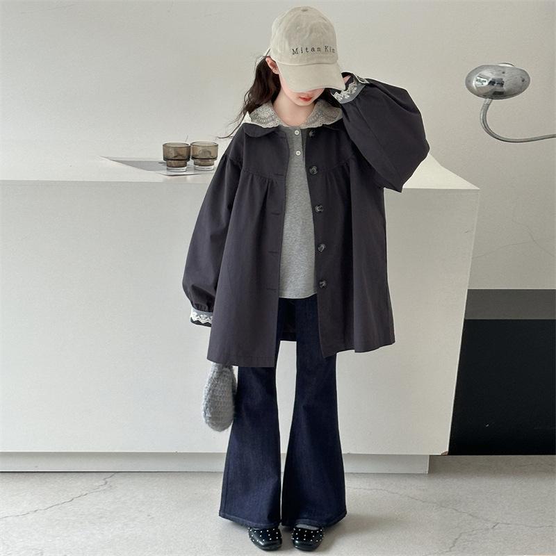 Girls' Trendy Lace Jacket & Trench Coat Set - Stylish Autumn Fashion for Big Kids