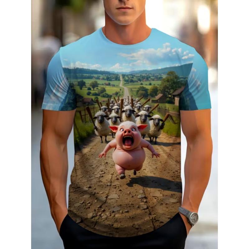 Novelty Cartoon Cat And Pig Graphic 3D Print T-Shirt For Men Funny Animal Design Short Sleeve Casual Tshirt Oversized Streetwear
