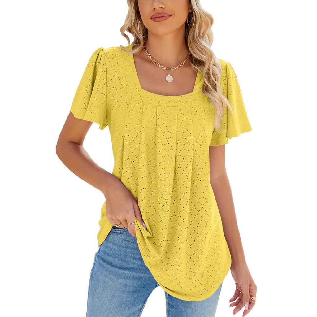 Women's Fashion Solid Color Square Neck Pleated Short Sleeved Loose T-shirt Top