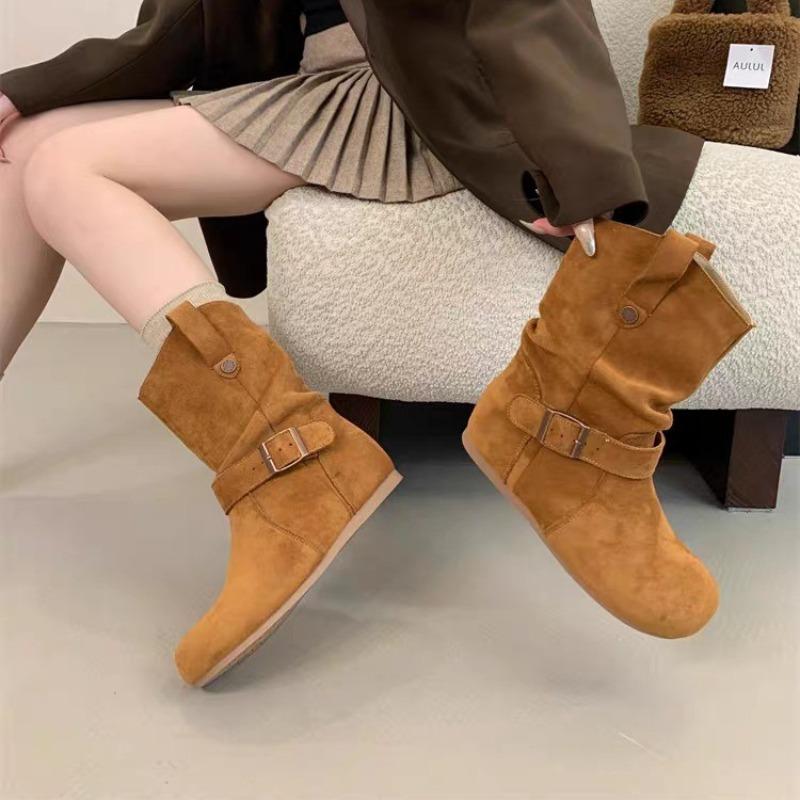 

Модные женские однотонные кожаные ботинки до середины икры в стиле вестерн ретро на толстом каблуке-рюмочке с круглым носком и рукавом 42 верблюд