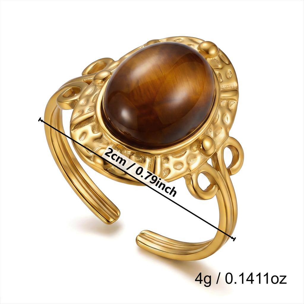Retro Engraved Radiant Green Veined Stone Ring for Women Stainless Steel Antique Gold Chunky Wide Band Boho Jewelry