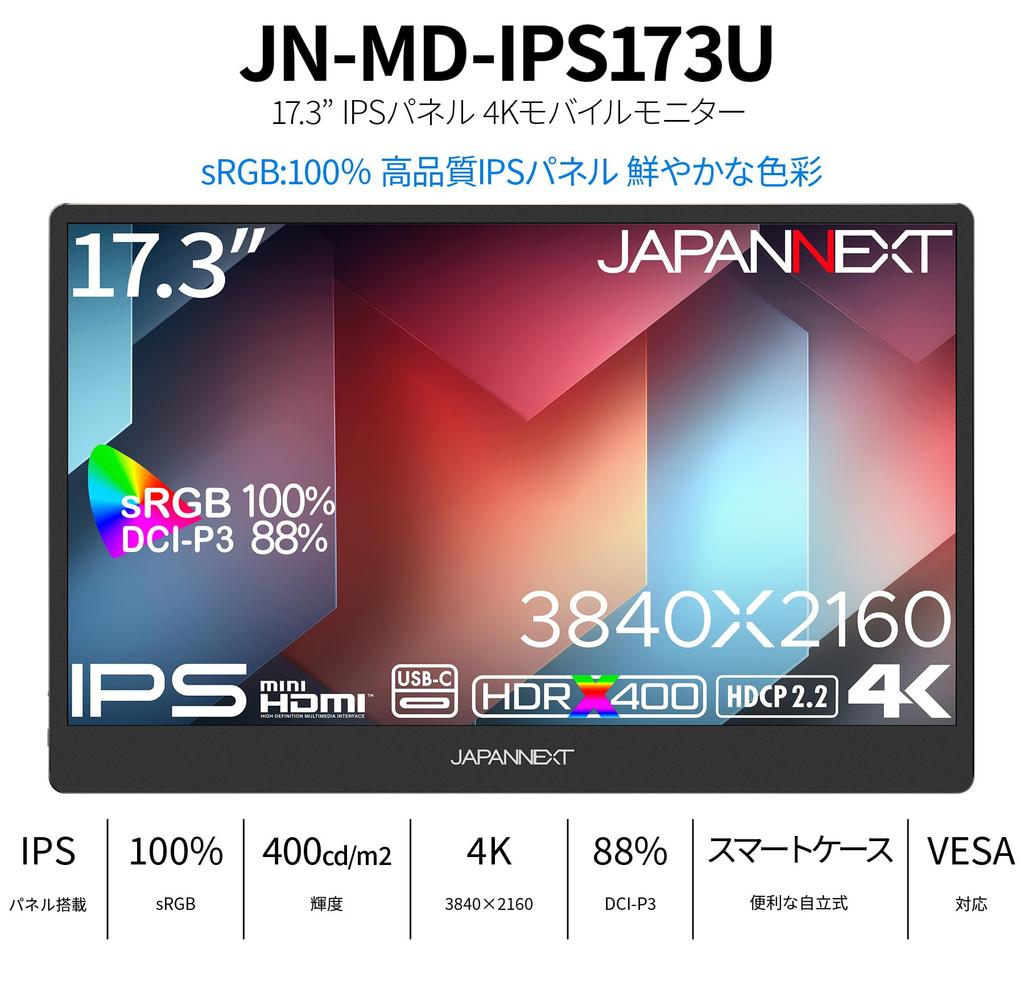 JapanNext Mobile Monitor with 4K Mini HDR400 Smart Case Included JN-MD-IPS173U 17.3-inch IPS-Equipped (3840x2160) Resolution, HDMI, USB-C, sRGB 100%,