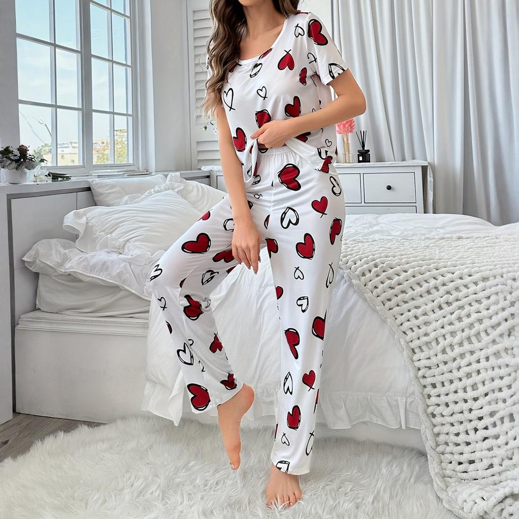 Women's Sleepwear, Short Sleeved Pants, Comfortable Heart Printed Casual Home Suit Set, Sleepwear Suitable For Women To Wear Outside