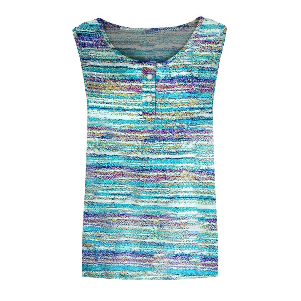 Ladies Printed Stripe Button Sleeveless Casual Tank Top Casual T-Shirt For Womens