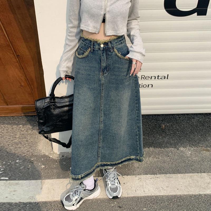 Vintage High-waisted Denim Skirt Female Package Hip A-line Cover Meat Straight Section of The Long Section of The Design Sense of The Burlap Half-body