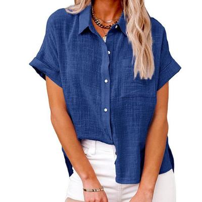 Lapel Button Up Summer Women's Blouses Solid Color Cotton Linen Shirts Pocket Short Sleeve Plus Size Irregular Shirt