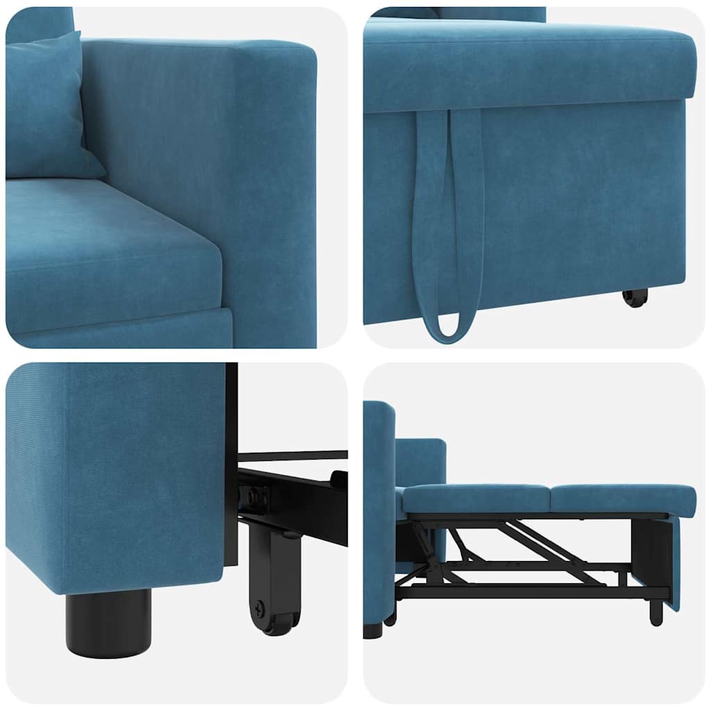Extendable Single Sleeper Sofa with Wheels Blue Velvet