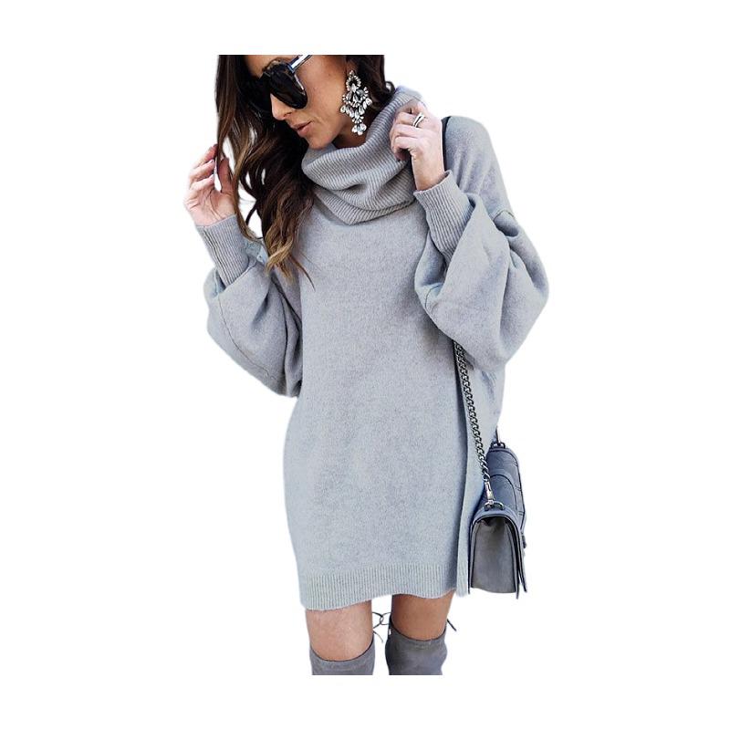 Women's High Neck Knit Pullover Dress - Autumn Winter, Long Sleeve, Loose Wool