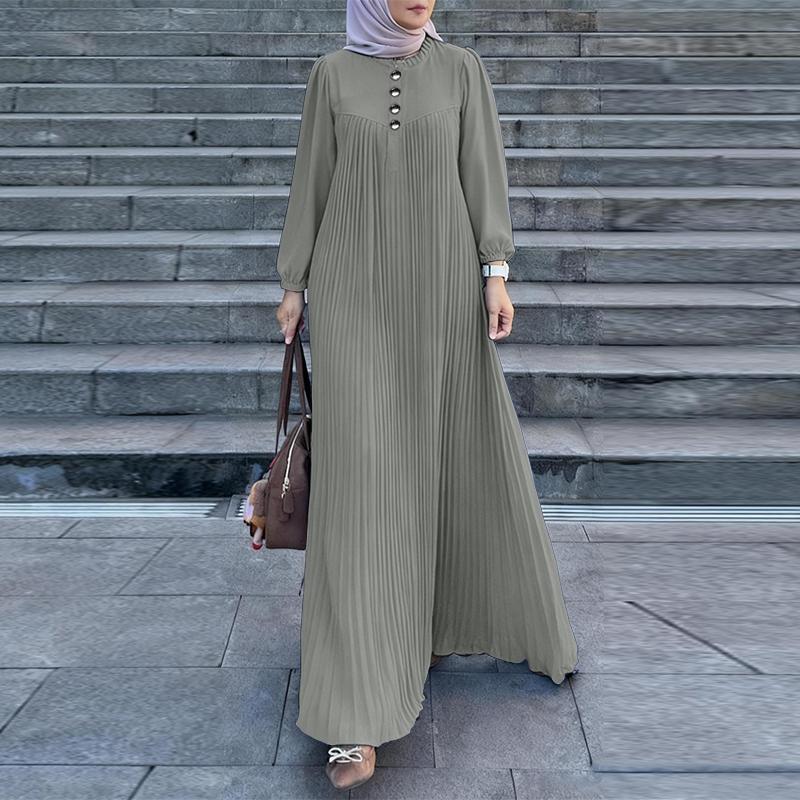 ZANZEA Rochie lungă pliată cu mâneci lungi, lejer, cu gât rotund