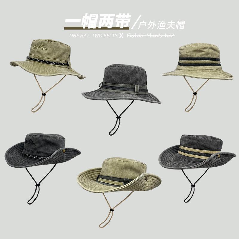 Western Denim Drawstring Bucket Hat Retro Summer Sun Protection Travel Versatile Female Tide Mountaineering Camping Sun Hat Male