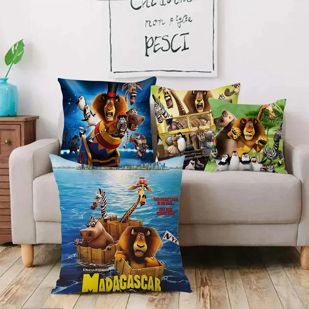 Kreskówkowe Poszewki na Poduszki z Madagaskaru Kreskówkowe Dekoracyjne Poszewki na Poduszki do Domu na Sofę Dwustronny Druk Krótki Plusz Urocza Poszewka