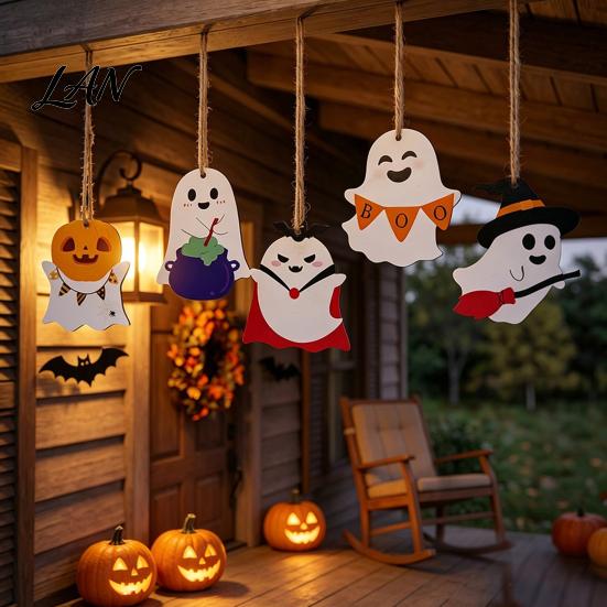 Halloween Tree Ornaments Ghost Wooden Hanging Sign with Hemp Rope, Cute Rustic Decorations Pendants for Home Party Wall Decorative Wood Signs