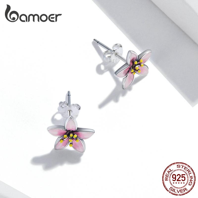 BAMOER Genuine 925 Sterling Silver Elegant Enamel Pink Cherry Blossom Stud Earrings for Women Flower Wedding Jewelry Gift
