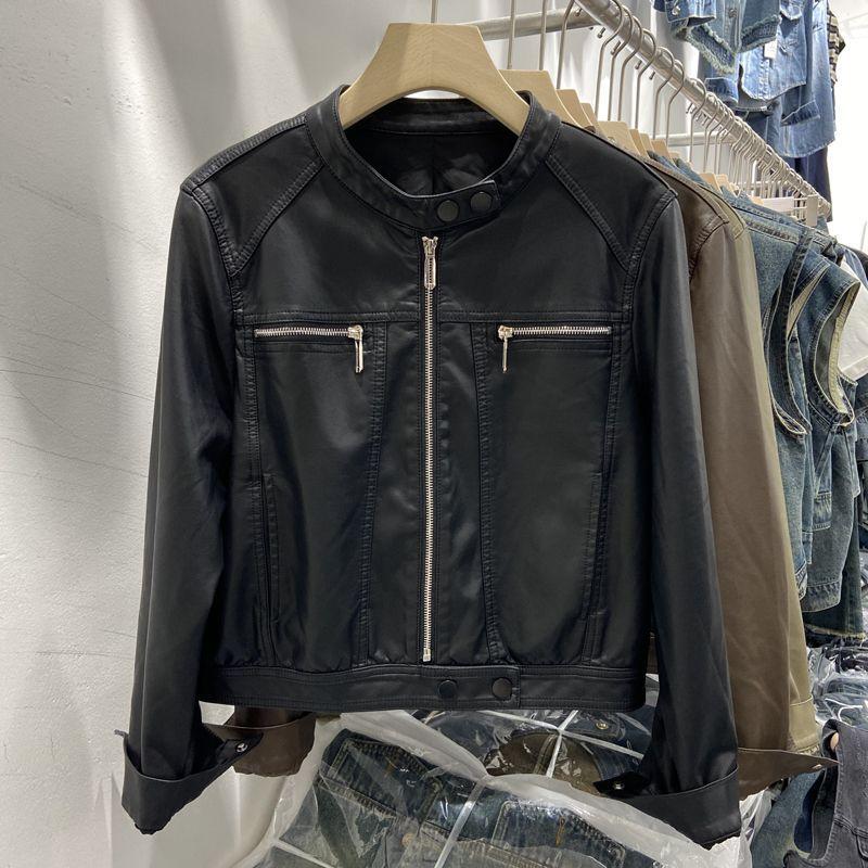 Leather Jacket Women's Autumn Clothing New Small Stand-up Collar Trendy Cool Foreign Style Niche Short Washed Locomotive Leather Jacket Trendy