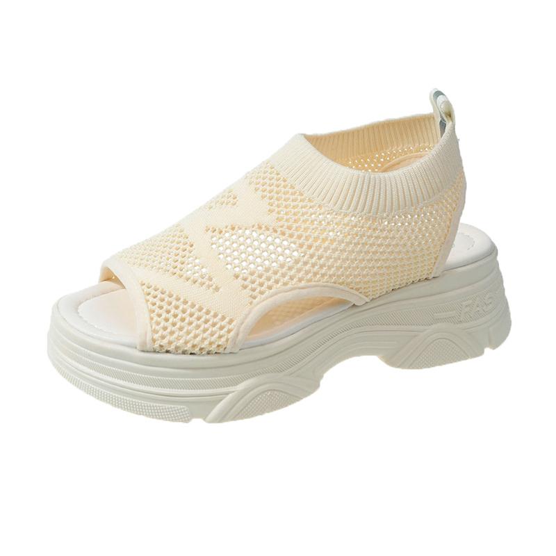 

мода 2024 лето женские сетчатые сандалии на танкетке однотонные с открытым носком эластичные ортопедические слипоны на платформе женская повседневная обувь с задним ремешком 35 бежевый