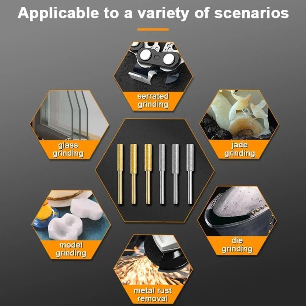 3/6Pcs Diamond-Coated Cylindrical Burr Set for Chainsaw Sharpening Carving Grinding Tools Durable and High Performance