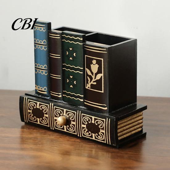 British Style Desk Accessory Wooden Book-Shaped Pen Holder, Retro Organizer with Drawer, Holder Creative Storage Container for Pens Notes Paper Clips