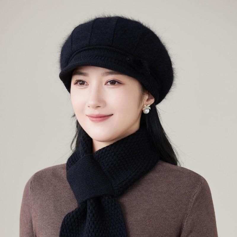 Womens Warm Knitted Beanie Hat With Rabbit Hair Blend Winter Cap Elderly Ladies Short Brim Style