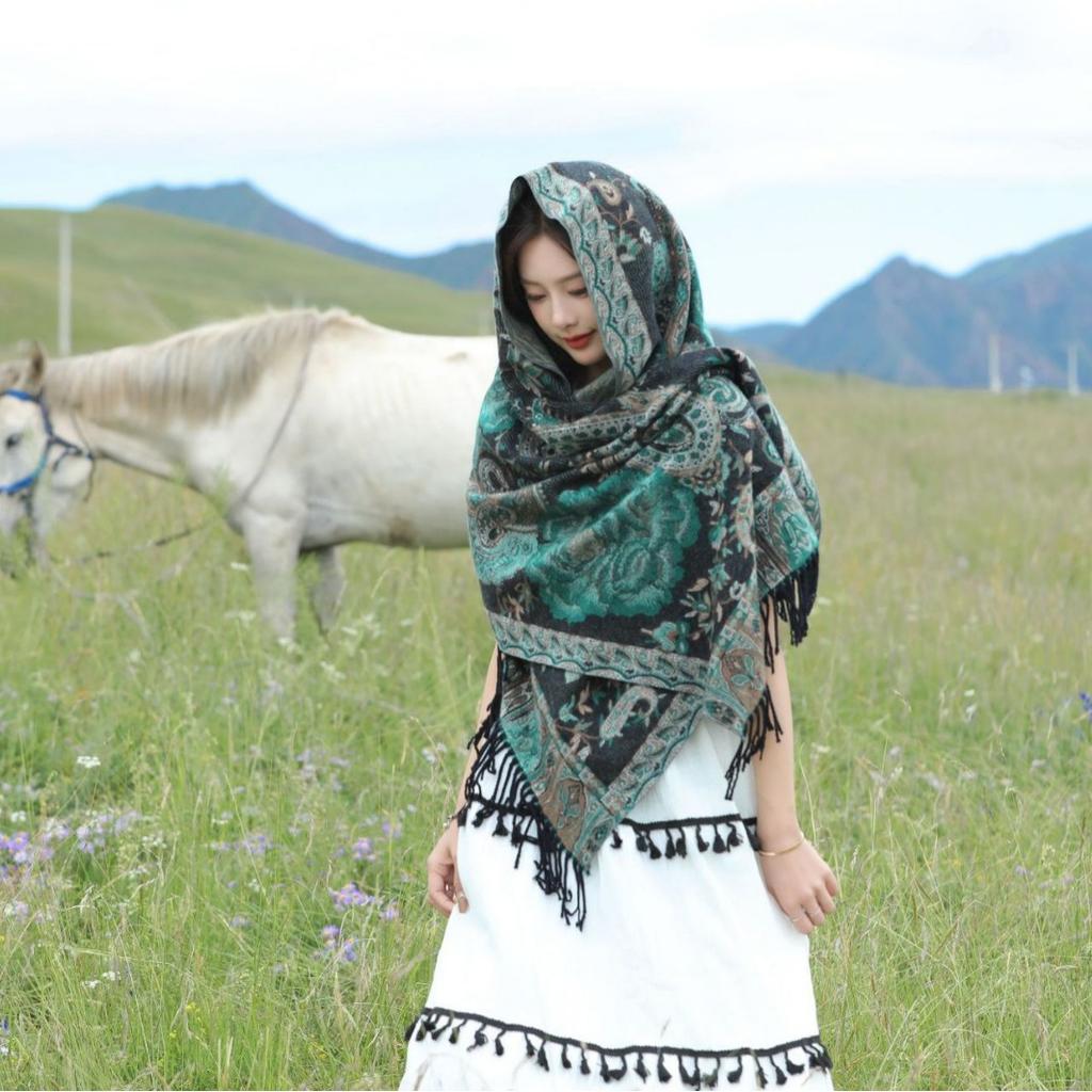 Shawl, Ethnic Style, Yunnan Travel Outfit, Summer Bohemian Faux Cashmere Scarf, Literary Cashmere Cape