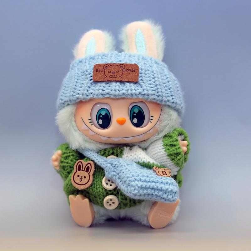 Labubu Doll Outfit Set: Knit Sweater, Hat, Button Charm, Small Bag, Vinyl Doll Clothes Replacement