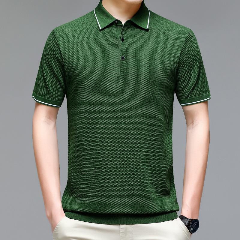 Middle-Aged and Old Father Clothes Business Casual Fashion Men's T-shirt Polo Collar Solid Color Elegant Breathable Mesh Short Sleeve