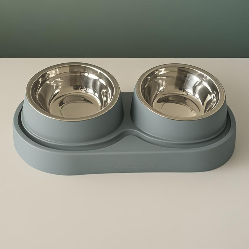 Stainless Steel Dual Pet Bowl, Suitable for Dogs and Cats - Non-Slip Base - Anti-Spill Slanted Rim Cat Bowl - Perfect for Food and Water
