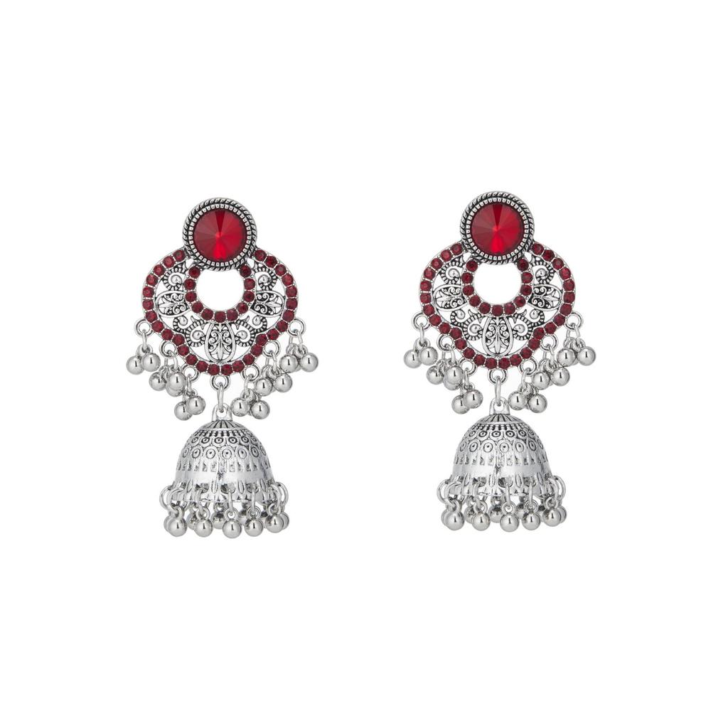 Bohemian Style Indian Ethnic Earrings Set with Rhinestones, Beads, and Bells