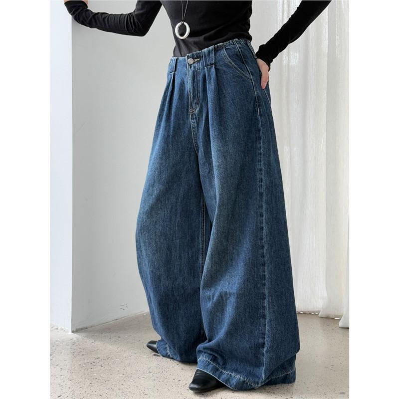 Johnature Retro Casual Washed Jeans Women Autumn Wide-leg Floor-length Pants