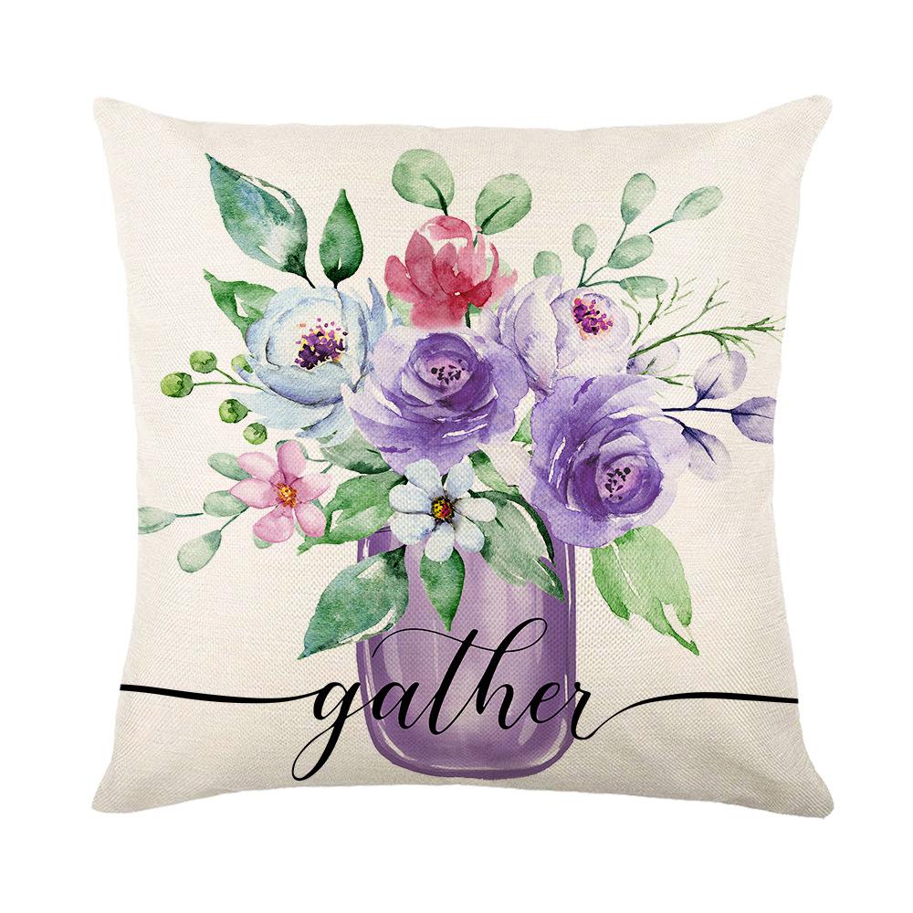 Pink Flower Pillow Cover Linen Print Living Room Sofa Cushion Cover Home Bedroom Pillow Cover